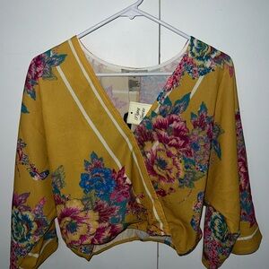 Flying Tomato Yellow Floral Wrap Blouse 3/4 Sleeve